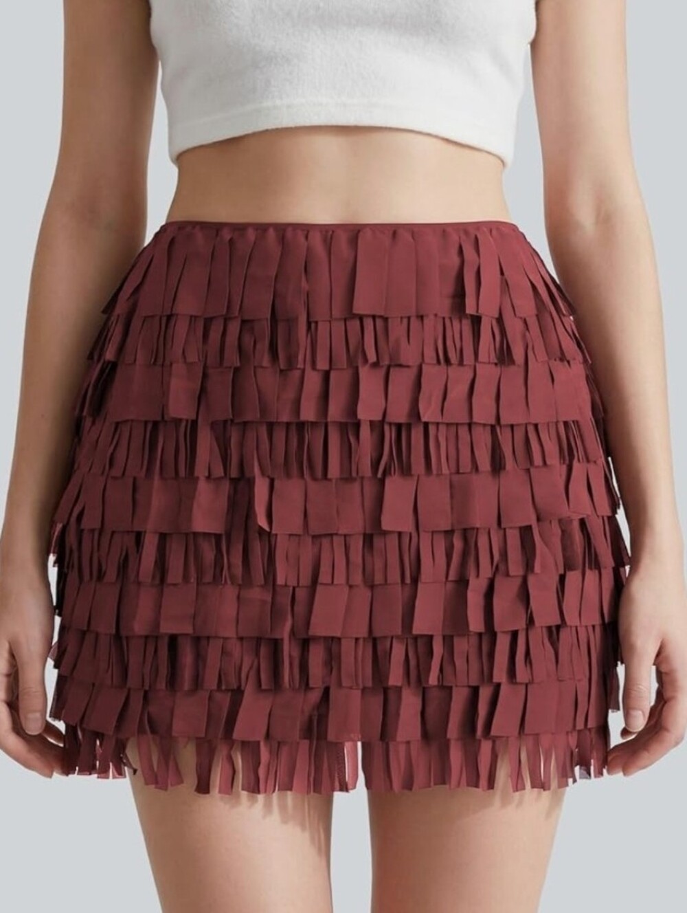 Womens Burgundy Tiered Fringe Mini Skirt